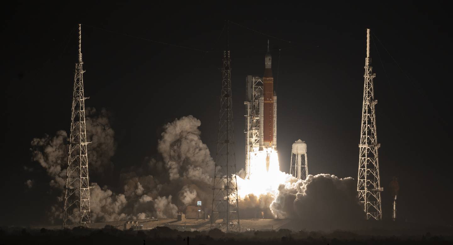 Liftoff of the SLS megarocket and the Orion spacecraft bound for orbit of the Moon.  NASA photo