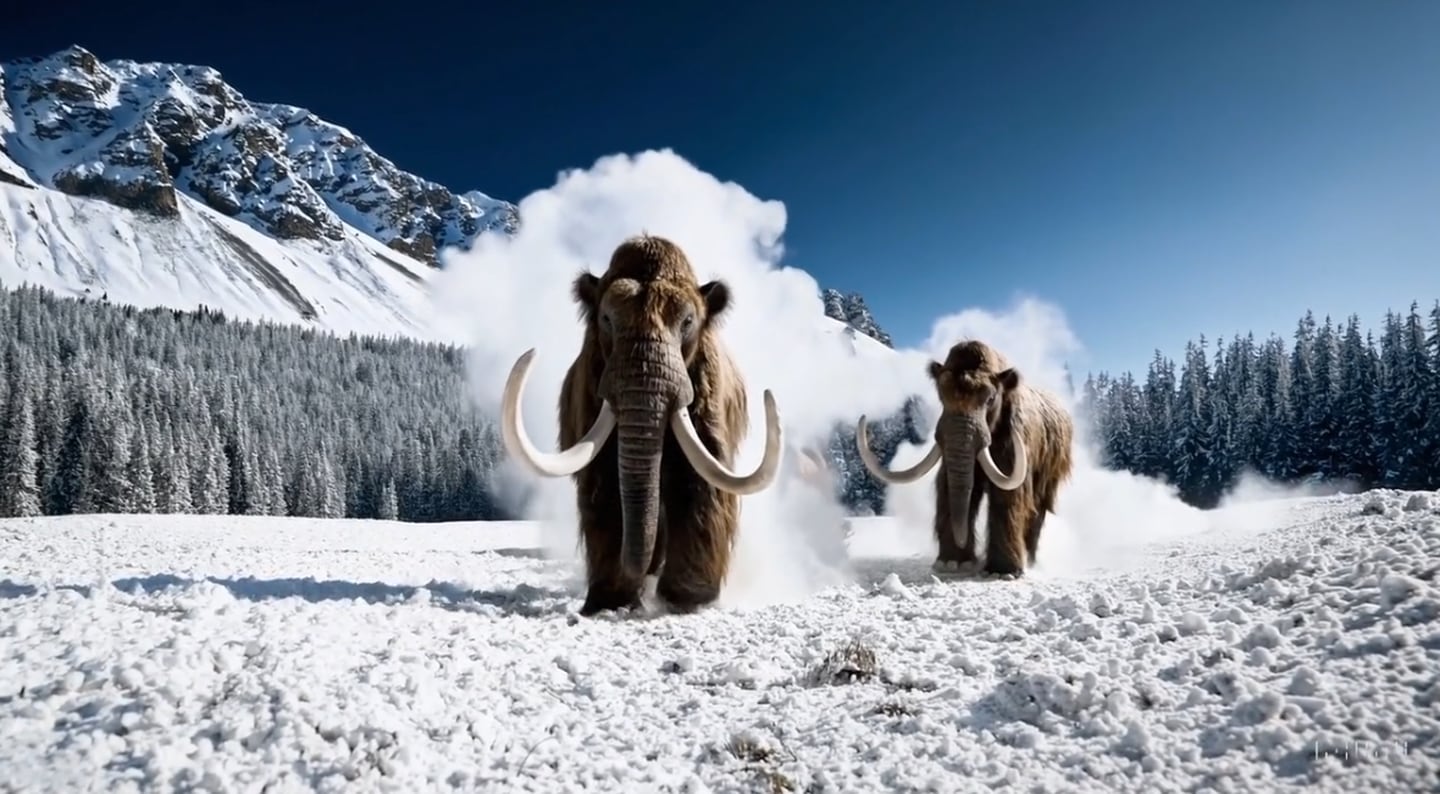 Vídeo de mamutes gigantes em uma campina nevada. OpenAI Sora