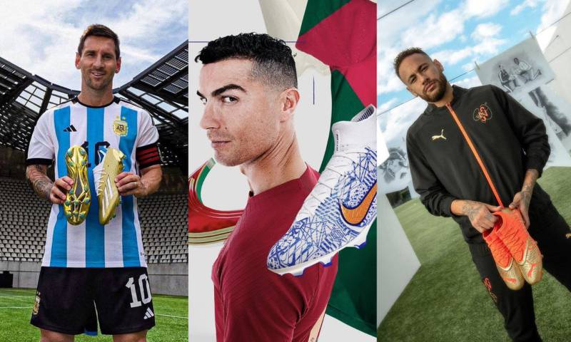 Leo Messi (Adidas), Cristiano Ronaldo (Nike) y Neymar (Puma)