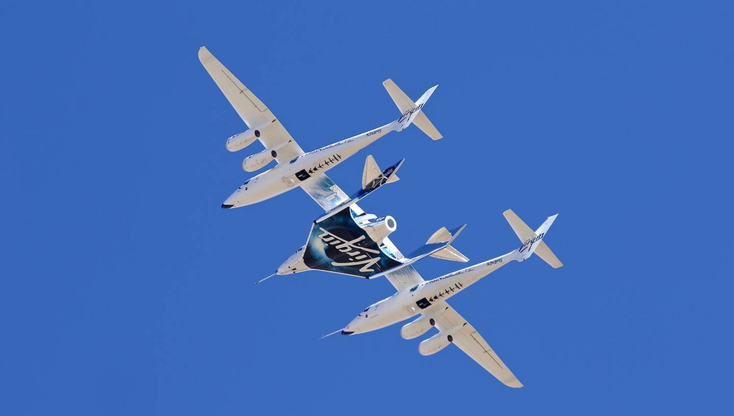 File - Virgin Galactic's VSS Unity flies after last liftoff from the Air and Space Port in Mojave, California, after Virgin Galactic shifted its spaceflight operations to New Mexico, on February 13, 2020. (Matt Hartman via AP, File)