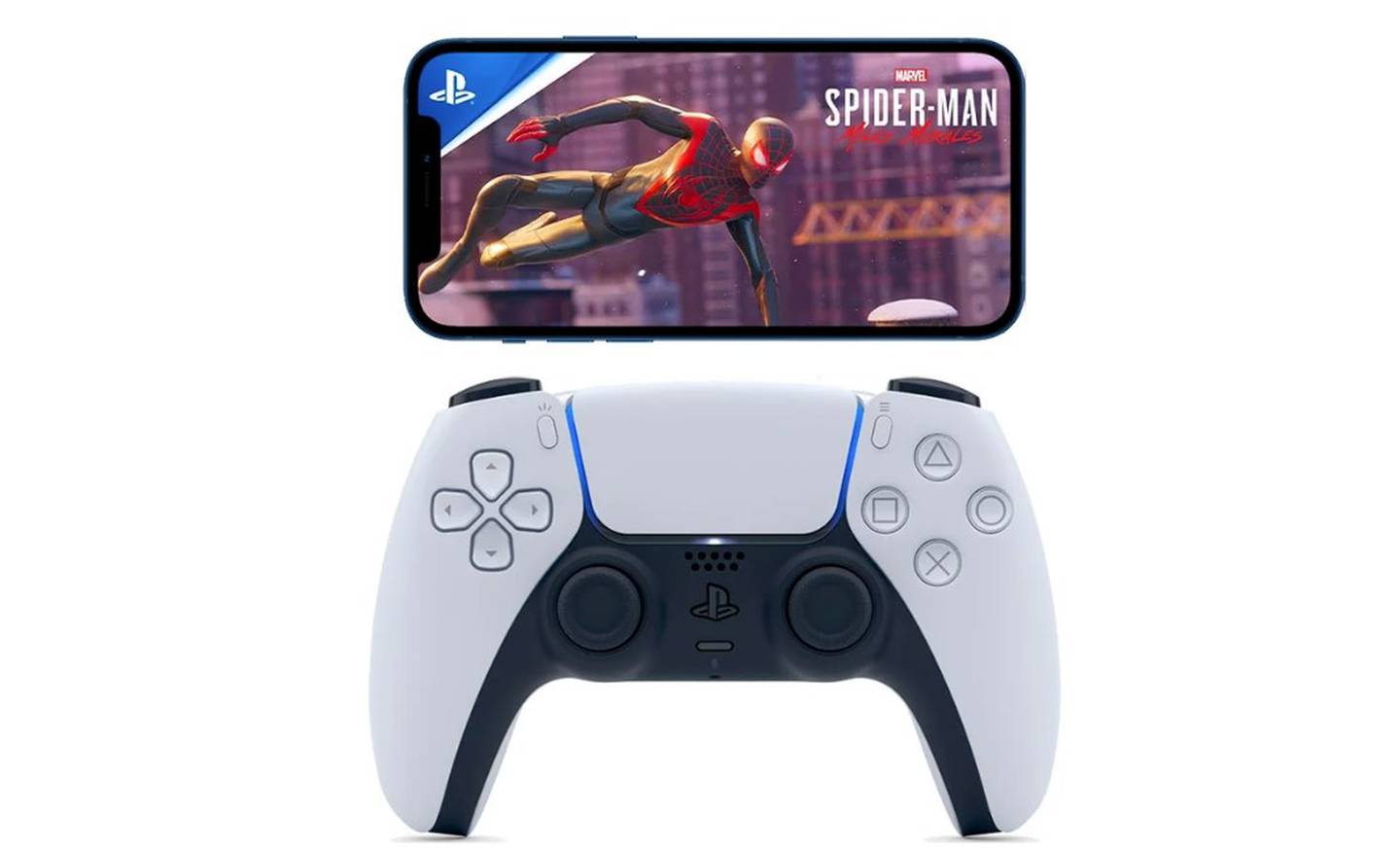 An image showing PS%'s DualSense under an iPhone displaying the Spider-Man: Miles Morales video game.
