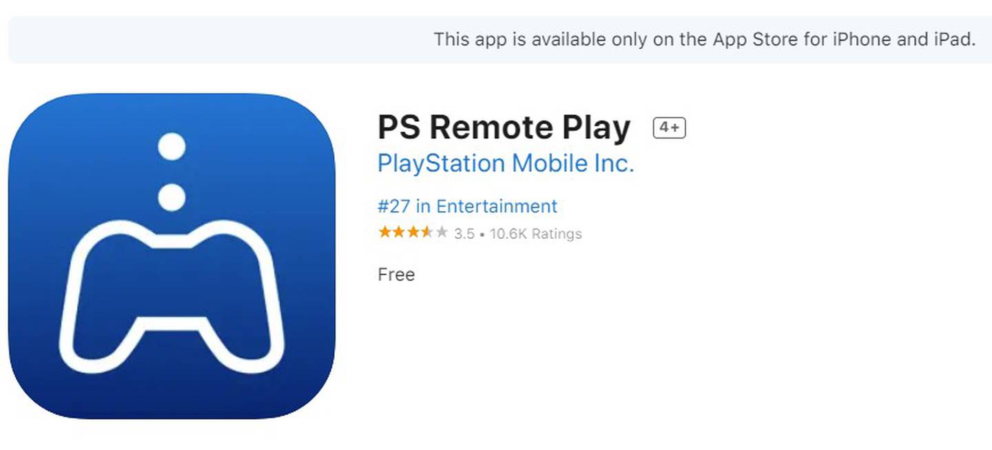 Captura de pantalla de cómo se ve la aplicación Remote Play en App Store.