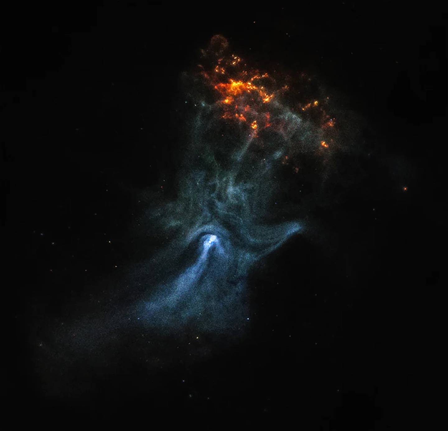 Chandra'S Original Image Of The Nebula Shows The Pulsar, The Bright White Dot Within The &Quot;Palm&Quot;, While The Orange Cloud Is The Remnant Of A Supernova Explosion.  (Credit: Nasa/Msfc)