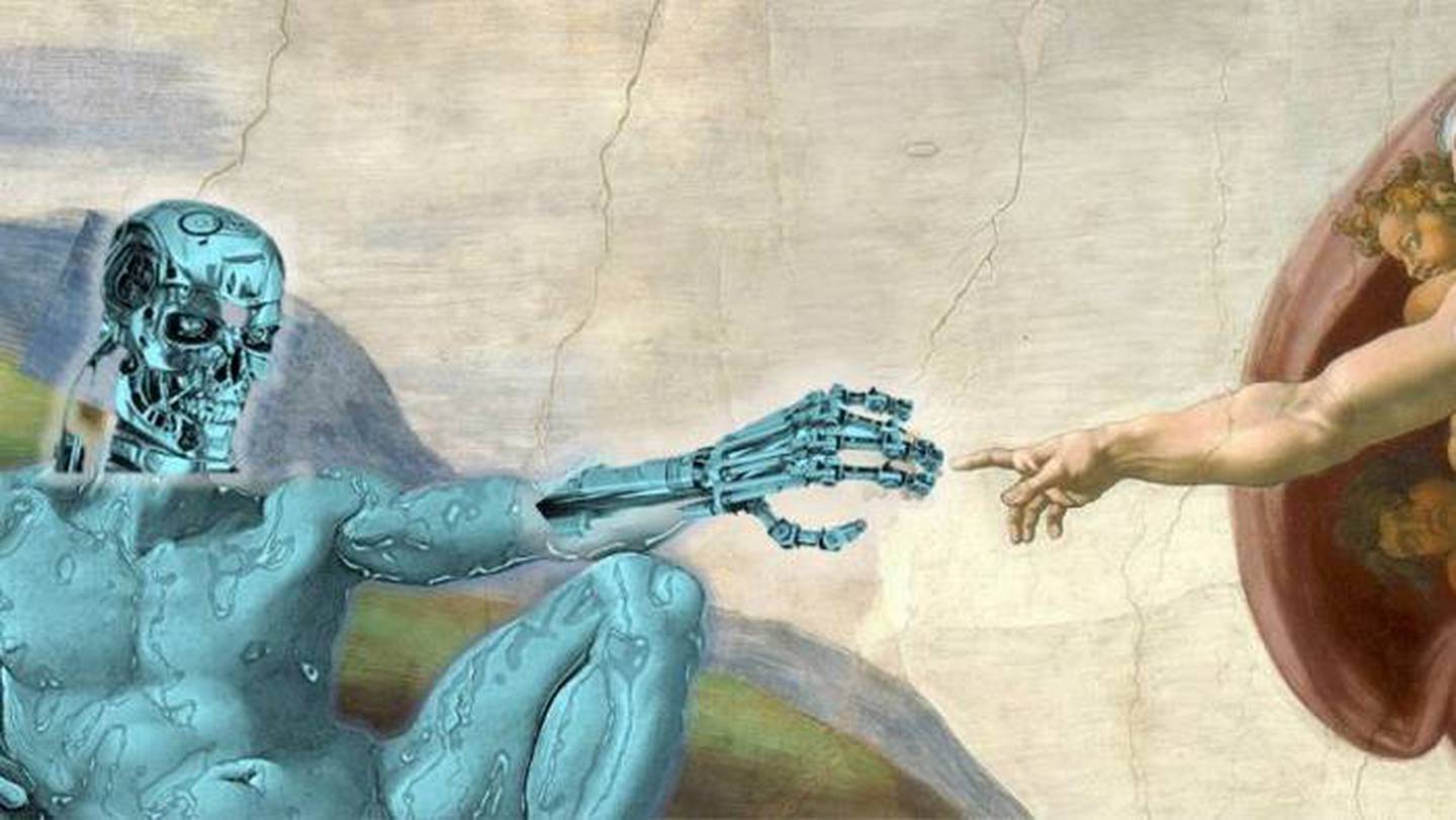 Нажмите на тот который создан людьми. Сотворение Адама Микеланджело робот. Сотворение Адама трансгуманизм. Рождение Адама Микеланджело мозг. Рука Бога картина.