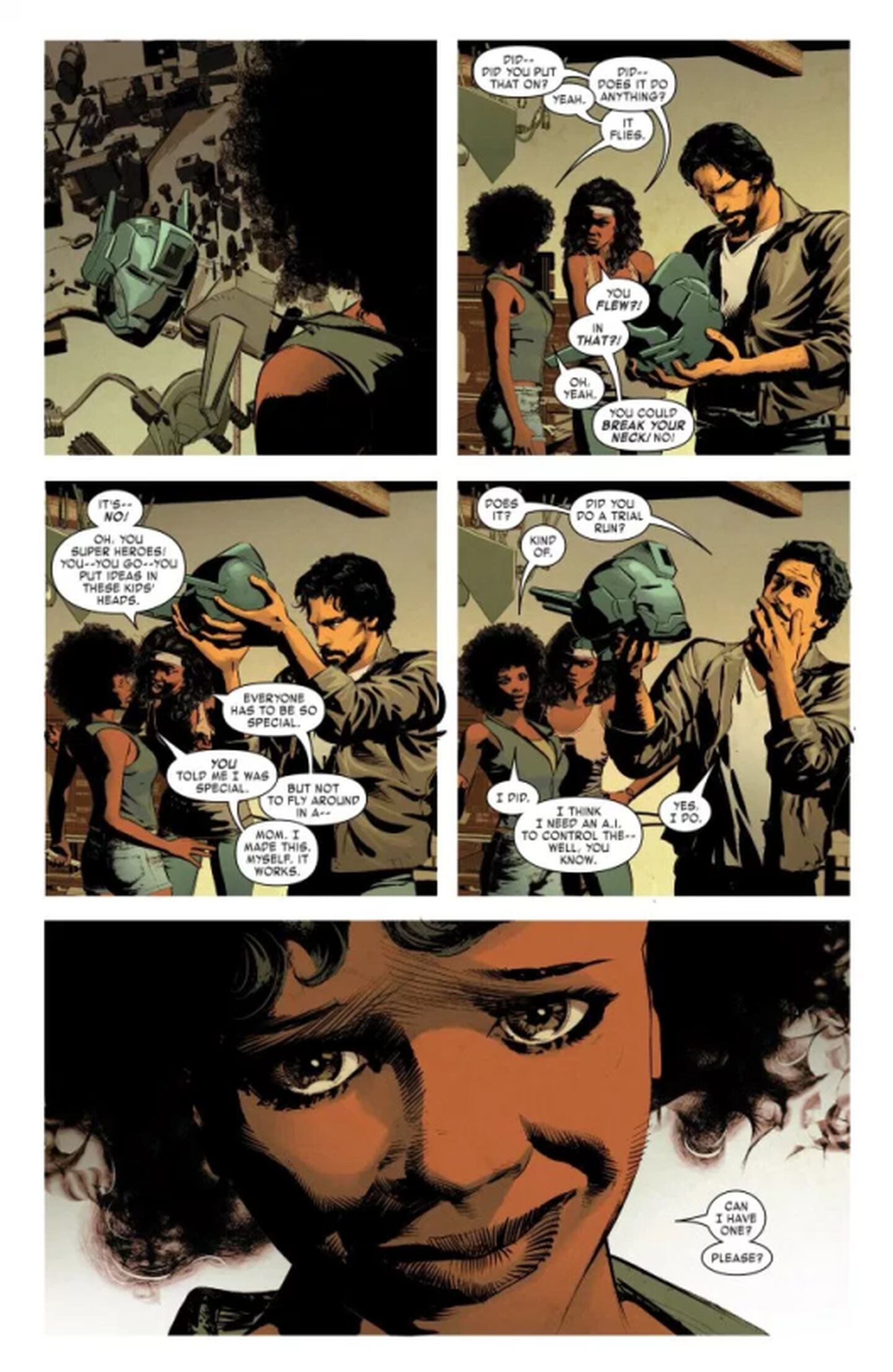 Un diálogo entre Riri Williams y Tony Stark, quien descubre que la joven hizo una armadura como la de Iron Man.