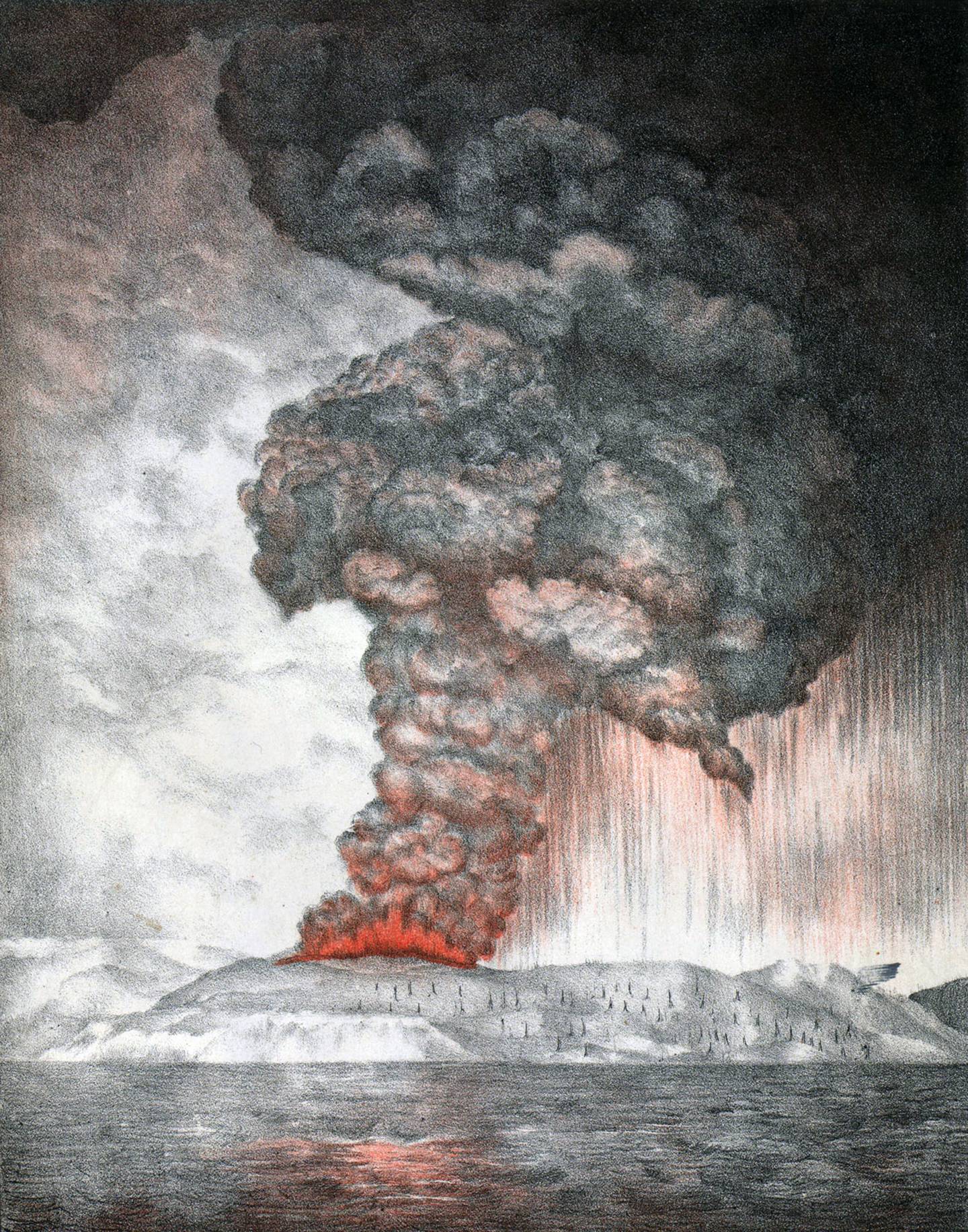 Ilustración de una de las primeras erupciones del Krakatoa, en mayo de 1883.