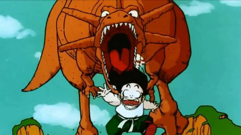 Dragon Ball Gohan perseguido por un dinosaurio