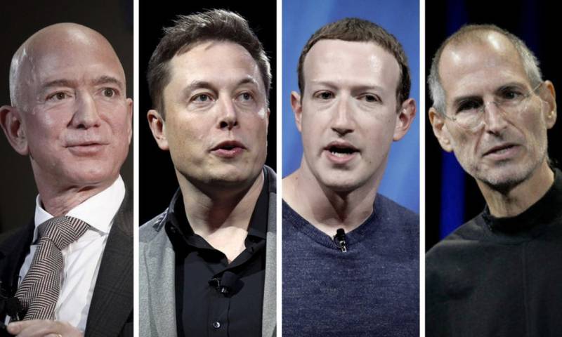 Jeff Bezos, Elon Musk, Mark Zuckerberg, Steve Jobs