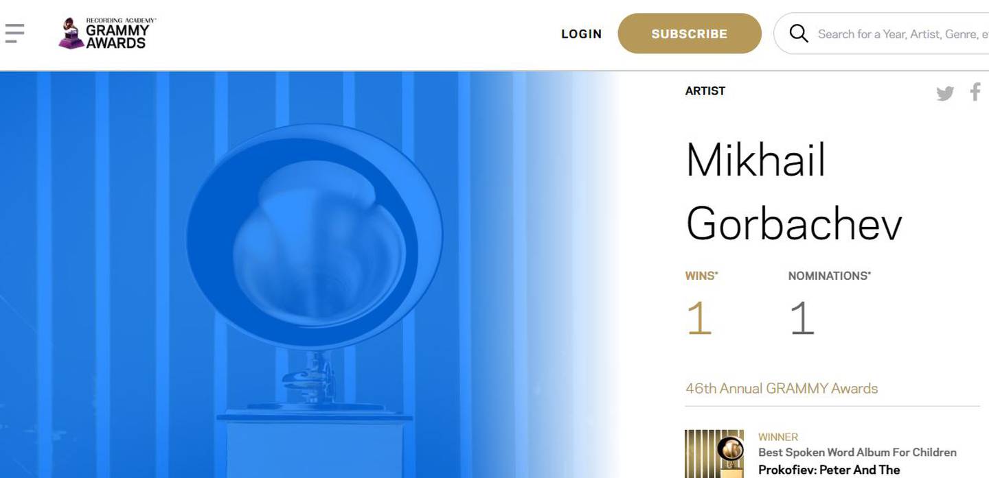 El registro de Gorbachov como ganador de un Grammy.