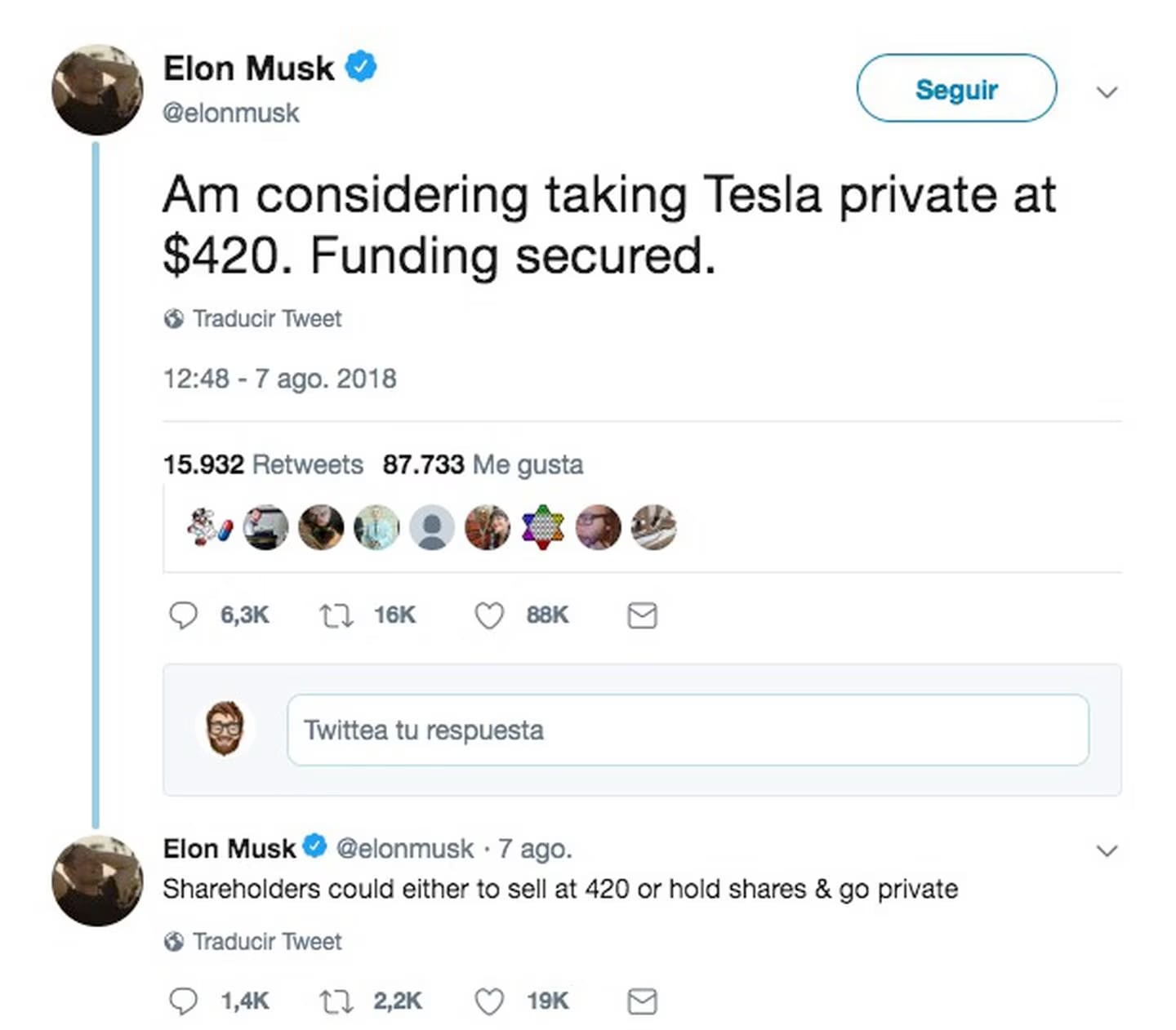 El tuit 420 de 2018 de Elon Musk.