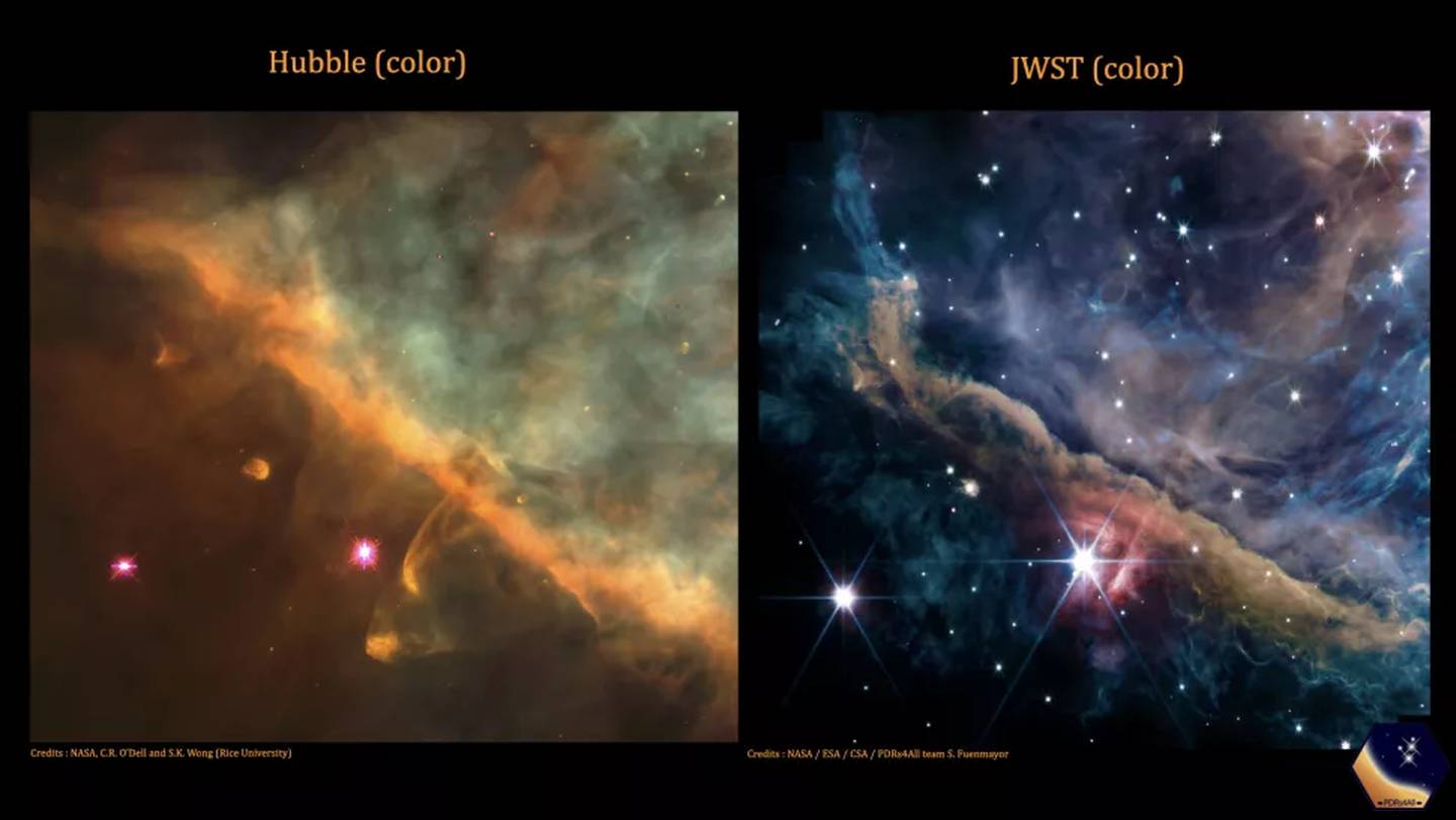 An image of the Orion Nebula captured by the Hubble telescope on the right and another by the James Webb telescope on the left
