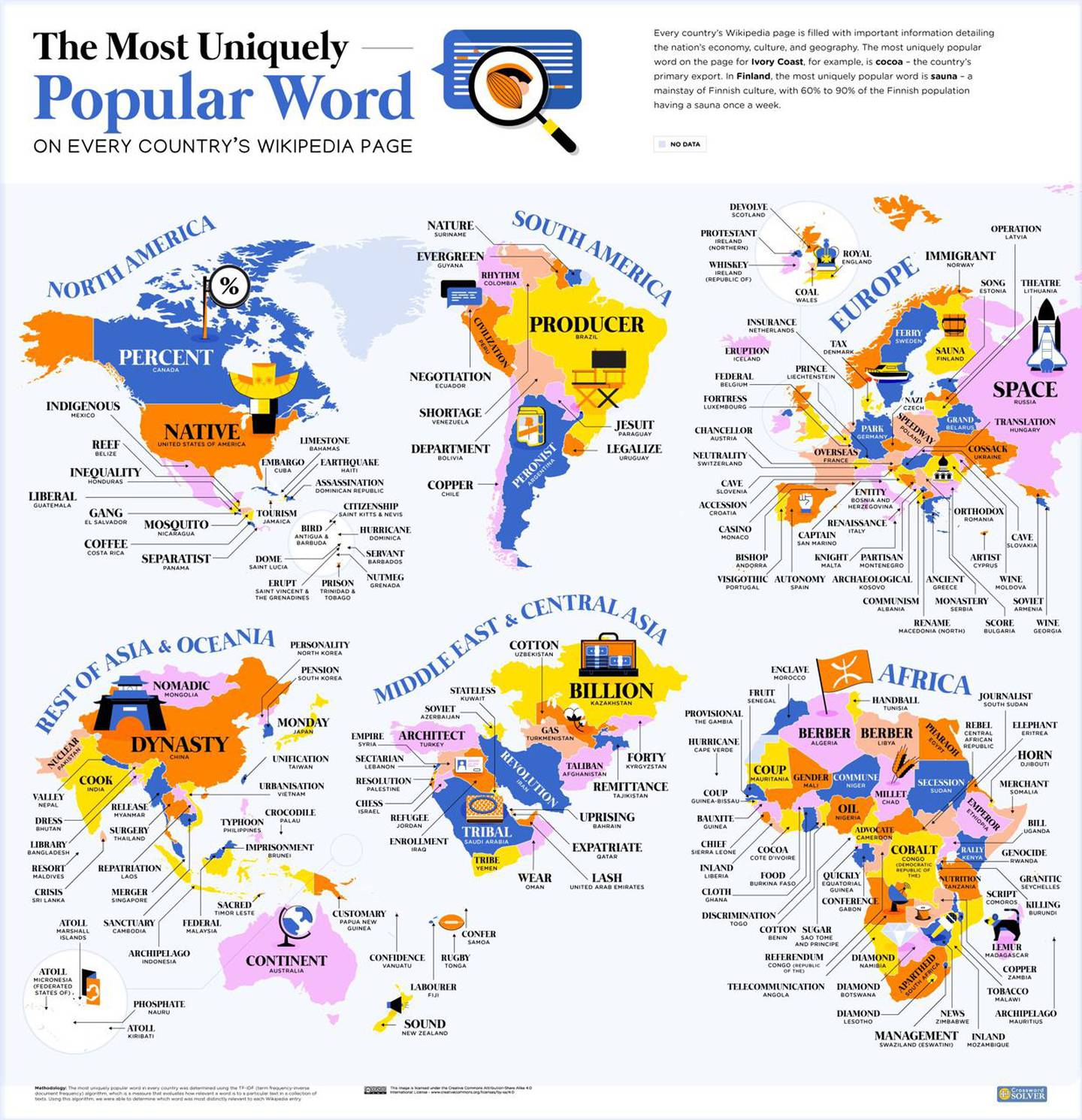 Reddit viraliza un espectacular mapa que muestra las palabras más buscadas por cada país en Wikipedia