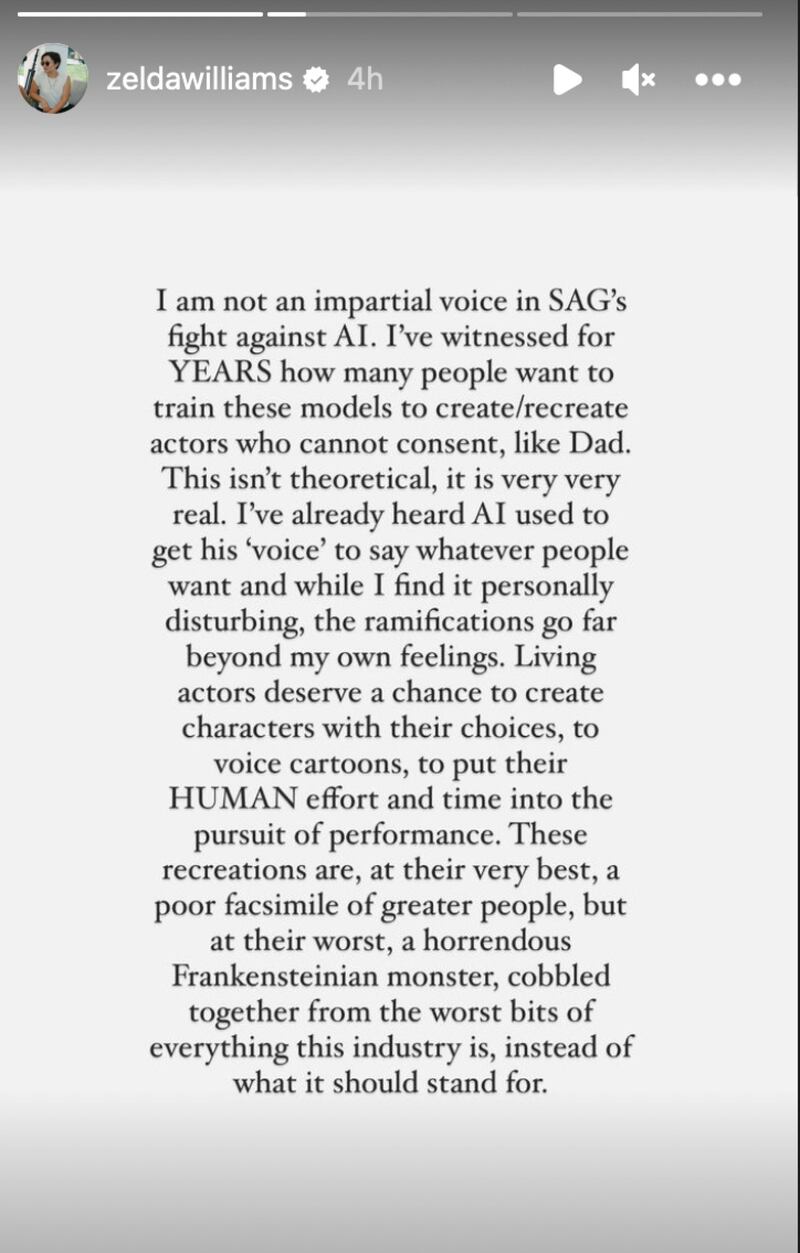 El mensaje en las historias de Instagram de Zelda Williams