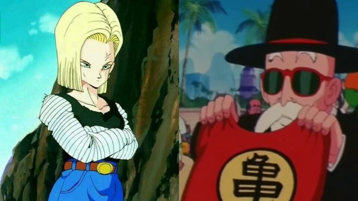 Androide Número 18 y el Maestro Roshi con el kanji de la Escuela Tortuga - Dragon Ball
