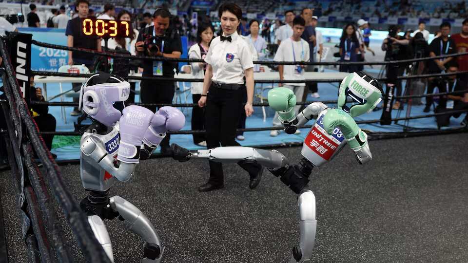 robots humanoides de Unitree Robotics compiten en un combate de kickboxing e