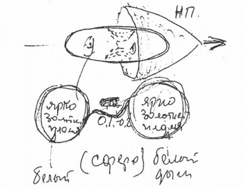 Dibujo del ovni visto por Vladimir Kovalyonok