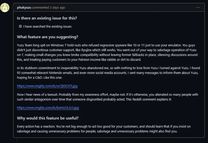 Nintendo y Yuzu Correo usuario molesto