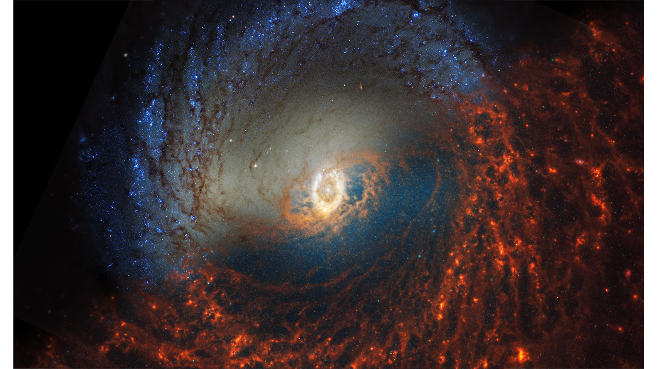 La galaxia espiral NGC 3351 aparece dividida diagonalmente en esta imagen: Las observaciones del telescopio espacial James Webb aparecen abajo a la derecha, y las del telescopio espacial Hubble arriba a la izquierda. | Créditos: NASA, ESA, CSA, STScI, Janice Lee (STScI), Thomas Williams (Oxford), PHANGS Team