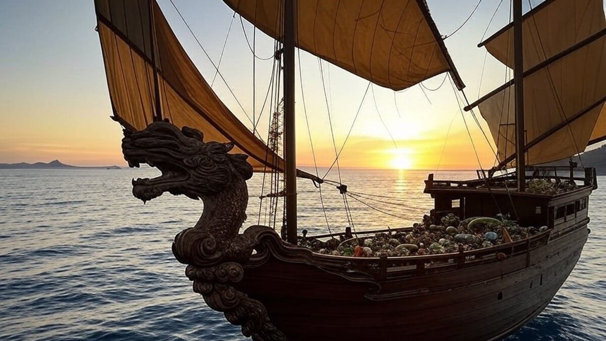 Representación de la IA de Grok de lo que era un barco en la China de hace 700 años