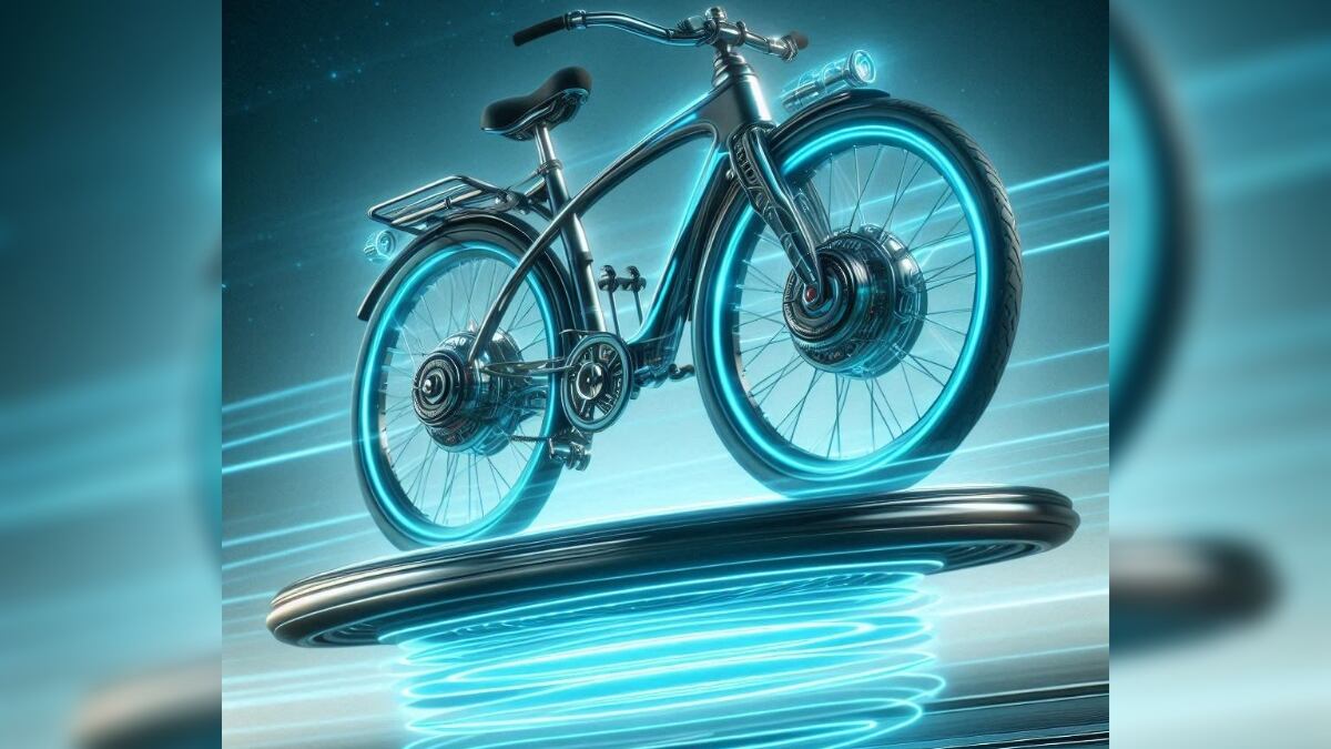 Representación hecha por la inteligencia artificial Copilot de una bicicleta con levitación magnética