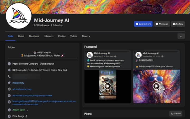 Página de Facebook que usaba el nombre Mid-Journey AI para estafar | Foto: bitdefender