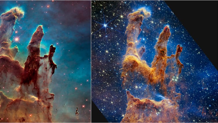 À esquerda, imagens dos Pilares da Criação feitas pelo Hubble. À direita, feitas pelo James Webb