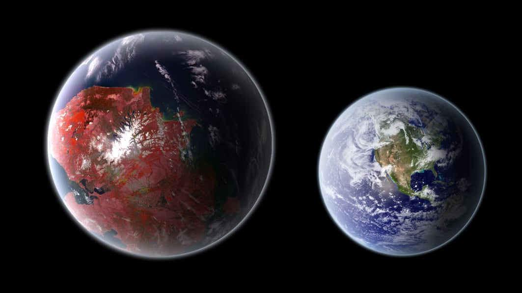 Representación del exoplaneta Kepler-442b al lado de la Tierra. Imagen: Wikimedia Commons
