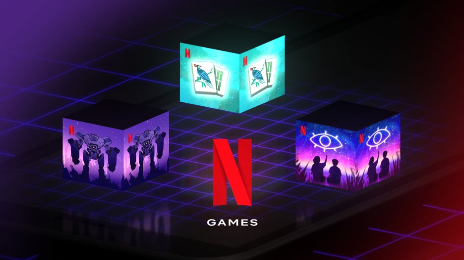 El logo de Netflix Games con los de los juegos Mahjong Solitaire, Into the Breach y Before Your Eyes.