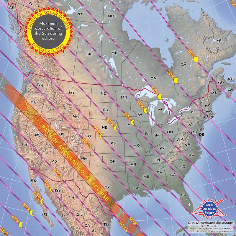 Mapa del eclipse solar anular del 14 de octubre de 2023