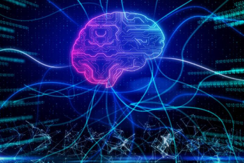 Glowing digital brain on abstract binary code background. Artificial intelligence and software concept. 3D Rendering