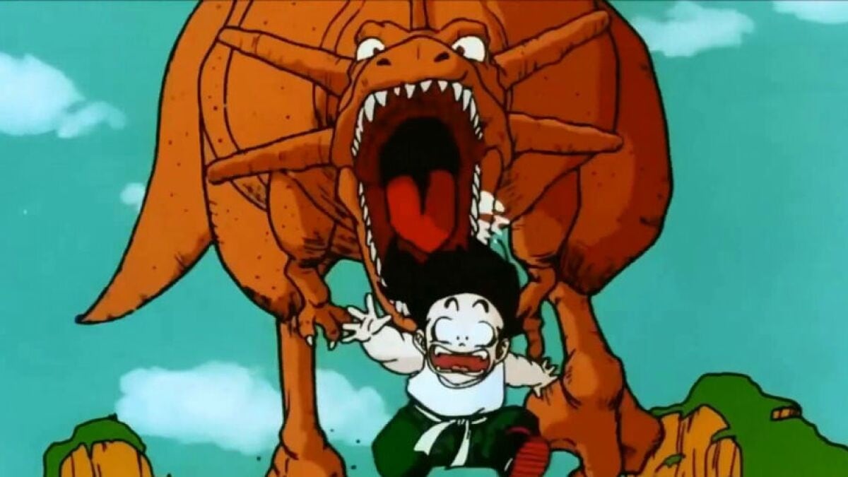 Dragon Ball Gohan perseguido por un dinosaurio