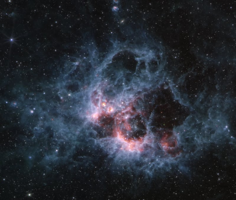 Esta imagen del MIRI (Instrumento de infrarrojo medio) del telescopio espacial James Webb de la NASA de la región de formación estelar NGC 604