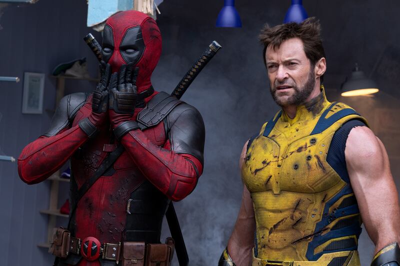 (L-R): Ryan Reynolds as Deadpool/Wade Wilson and Hugh Jackman as Wolverine/Logan in 20th Century Studios/Marvel Studios' DEADPOOL & WOLVERINE. Photo by Jay Maidment. © 2024 20th Century Studios / © and ™ 2024 MARVEL.