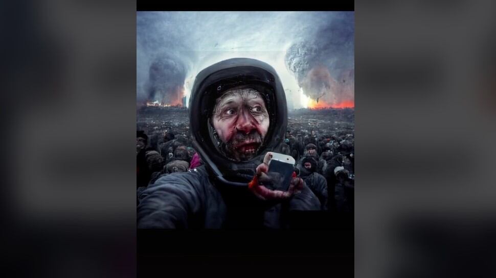 La inteligencia artificial DALL-E puede generar una selfie como esta, imaginando el fin del mundo, con un hombre tomándose una foto ante el caos en la Tierra y el resto de personas.