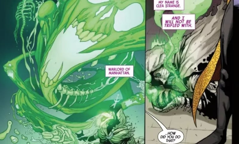 Una imagen del cómic Strange #4 que muestra a Shadow Knight resucitado.