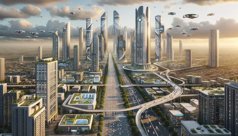 Visión futurista de la ciudad de Tucson en el año 3000 según Inteligencia Artificial (Dall-E)