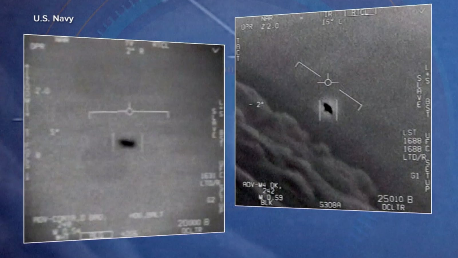 Dos de las capturas de video de ovnis mostrados por el Pentágono ante el Congreso de Estados Unidos en mayo de 2022.