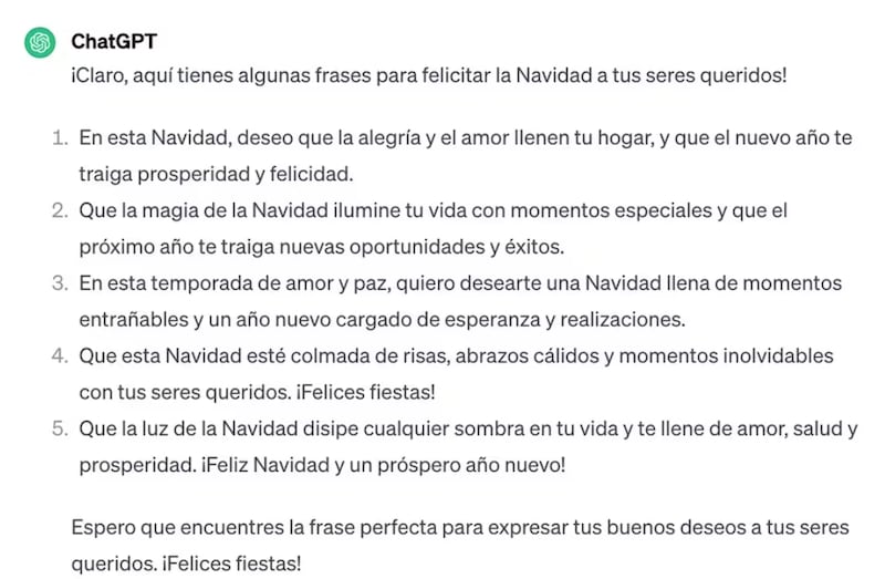 Las 10 frases que te hace ChatGPT para Navidad