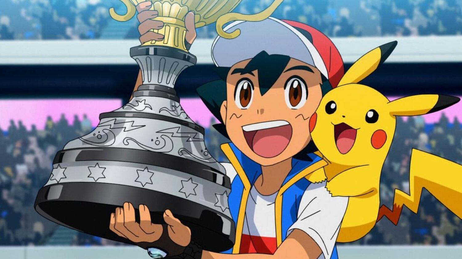 Ash Ketchum, acompañado de Pikachu, festeja su título de campeón del Torneo de Maestros