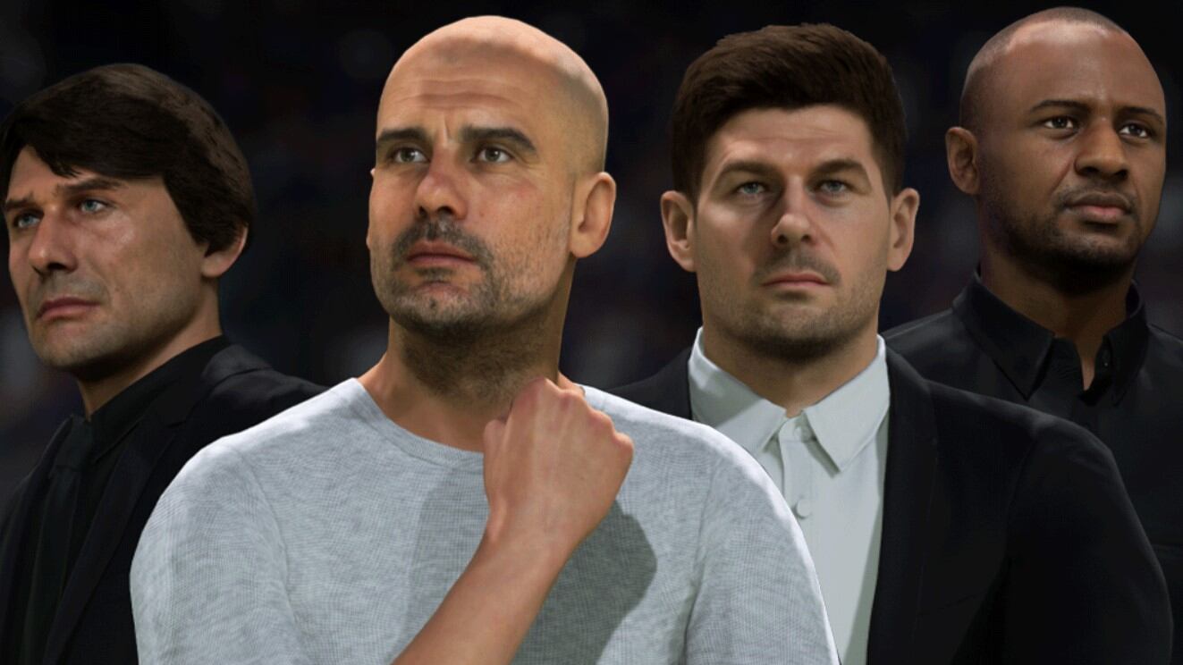 De izquierda a derecha, Antonio Conte, Pep Guardiola, Steven Gerrard y Patrick Vieira, como entrenadores disponibles en el Modo Carrera del FIFA 23.