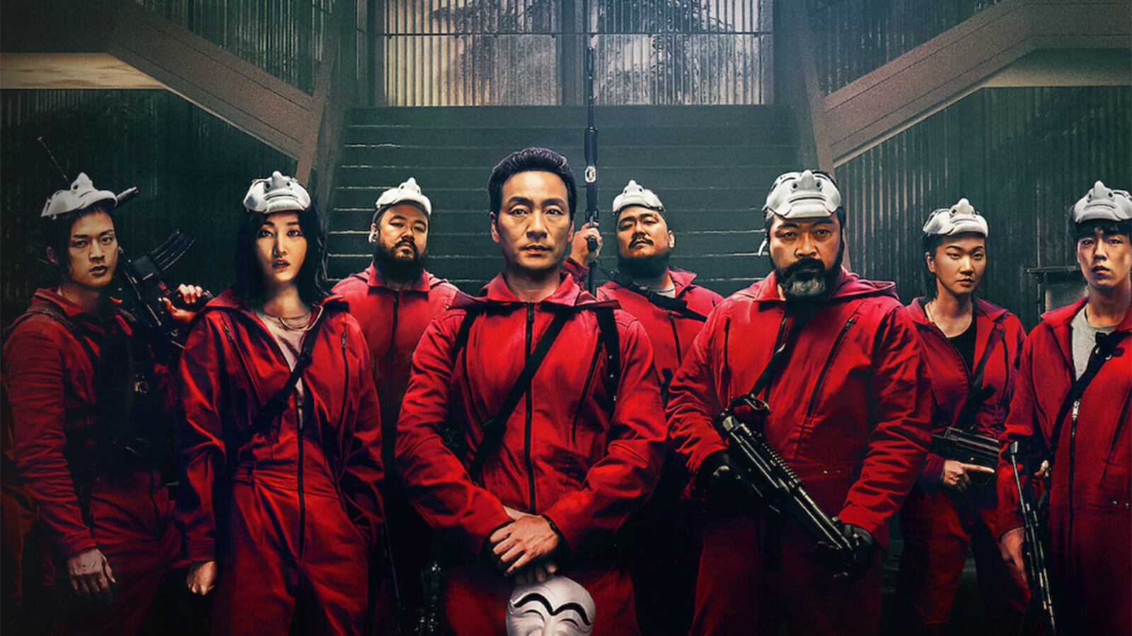 Banda de atracadores de 'La Casa de Papel' Corea posa con la indumentaria con la que realizan sus planes.