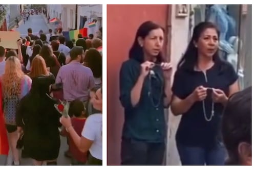 No soportaron, en marcha del orgullo LGBT+ señoras se ponen a rezar el rosario