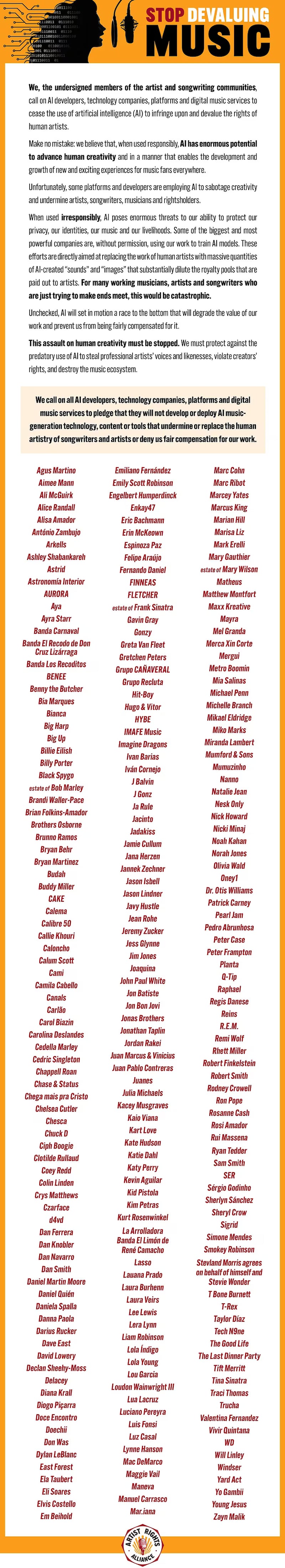 Más de 200 artistas,  entre ellos Billie Eilish, Juanes, Elvis Costello, Norah Jones, Sheryl Crow, Katy Perry, Pearl Jam y R.E.M., firman carta en contra del avance de la inteligencia artificial