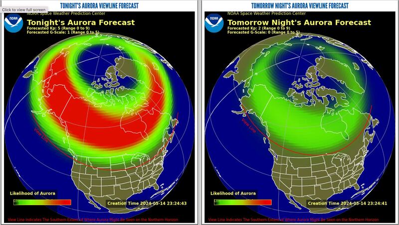 Mapa de auroras boreales para el martes 14 y miércoles 15 de mayo de 2024 | NOAA