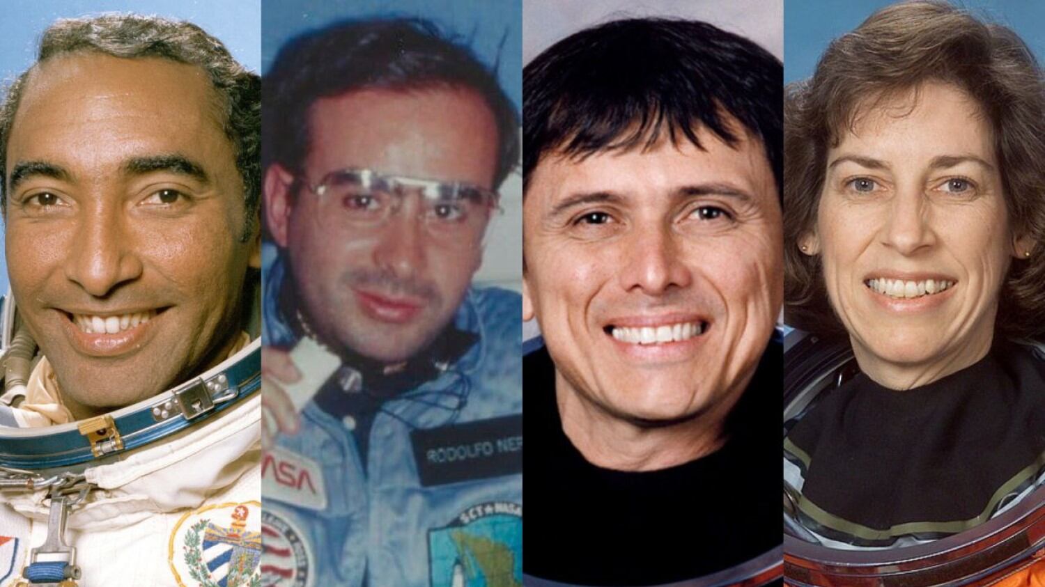 Cuatro de los pioneros: Arnaldo Tamayo Méndez, Rodolfo Neri Vela, Franklin Chang-Díaz y Ellen Ochoa.