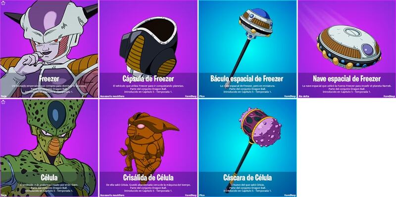 Skins Dragon Ball en Fortnite. Cell y Freezer