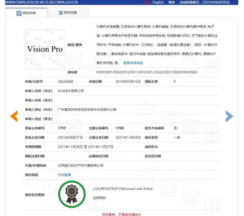 Registro de Huawei de la marca Vision Pro