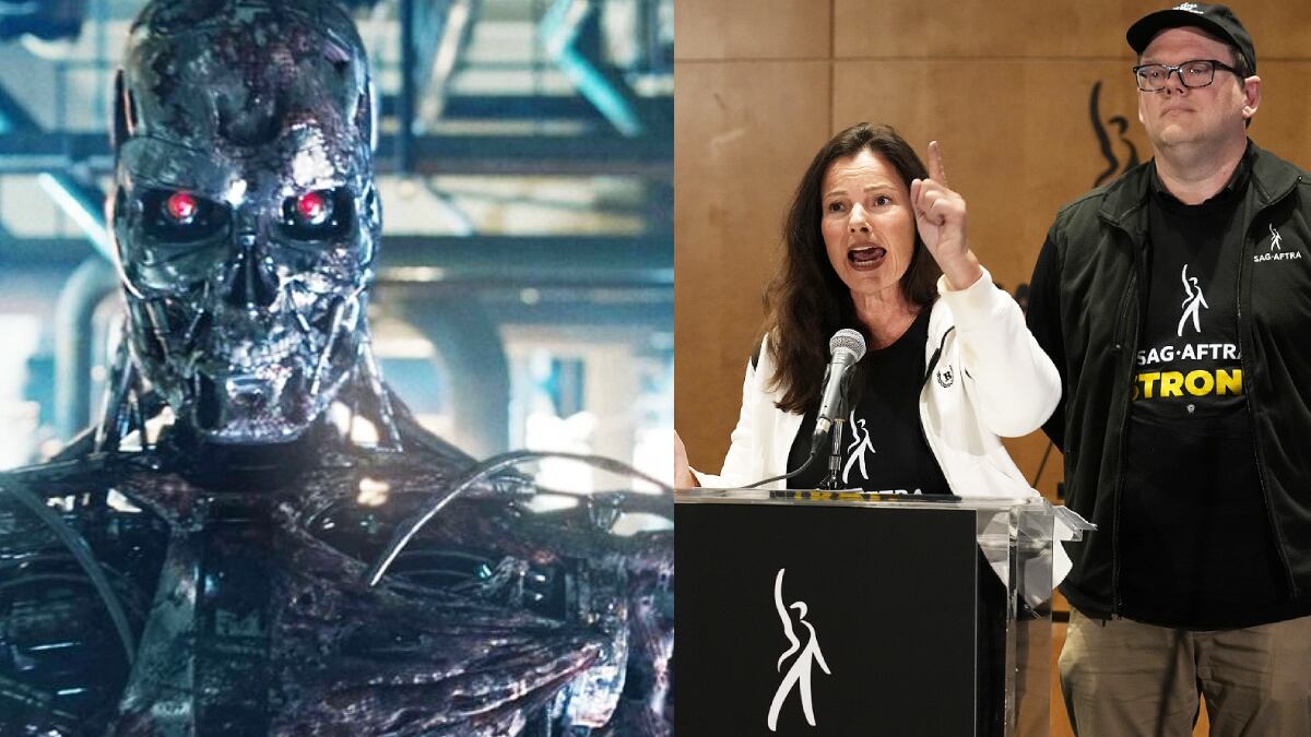 La presidenta de SAG-AFTRA, Fran Drescher, a la izquierda, y el director ejecutivo nacional y negociador en jefe, Duncan Crabtree-Ireland, hablan durante una conferencia de prensa que anuncia una huelga del Sindicato de Actores de la Pantalla