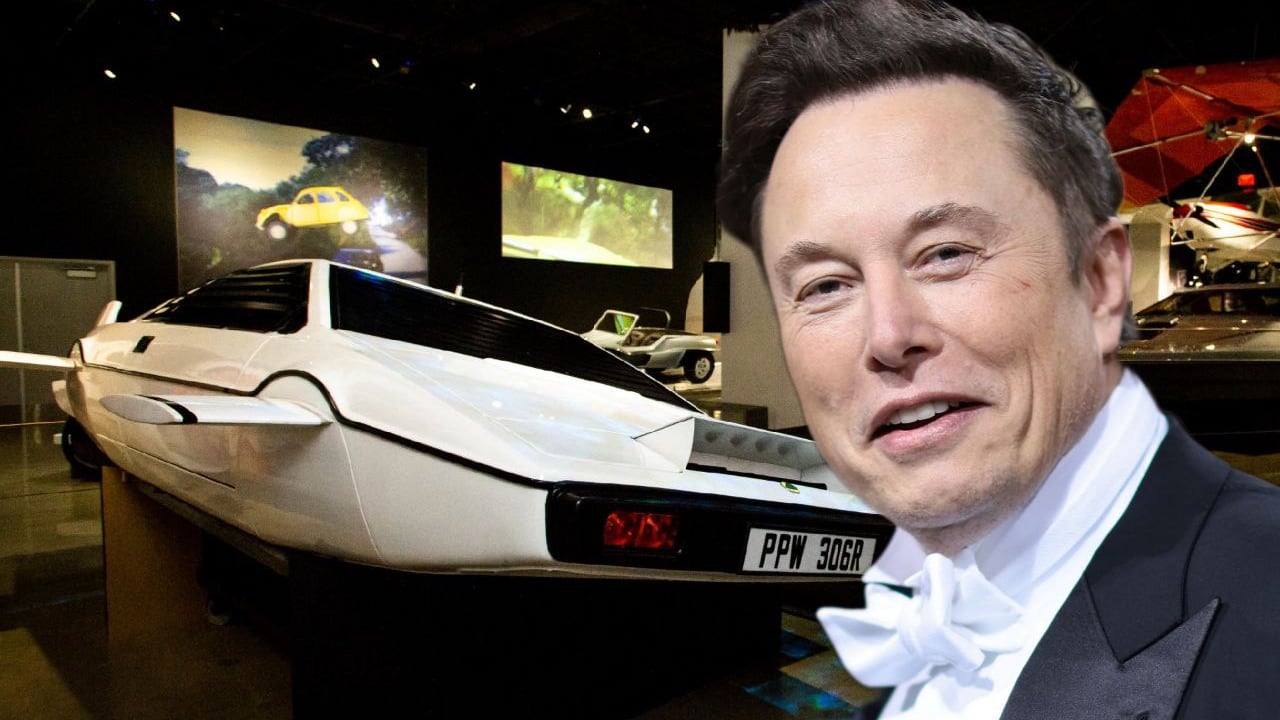 Montaje de Elon Musk con una réplica del Lotus Esprit Wet Nellie, utilizado en la película The Spy Who Loved Me, de 1977, continuación de la saga de James Bond.