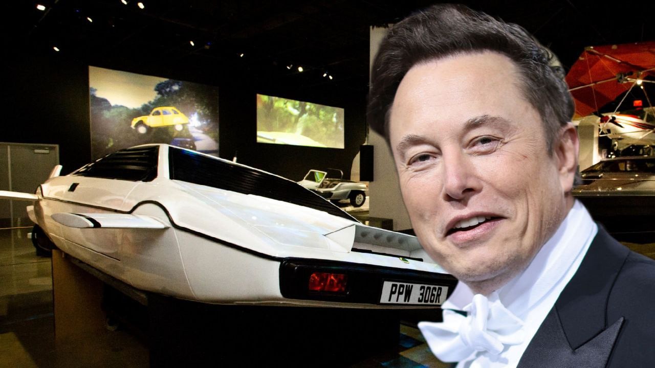 Montaje de Elon Musk con una réplica del Lotus Esprit Wet Nellie, utilizado en la película The Spy Who Loved Me, de 1977, continuación de la saga de James Bond.